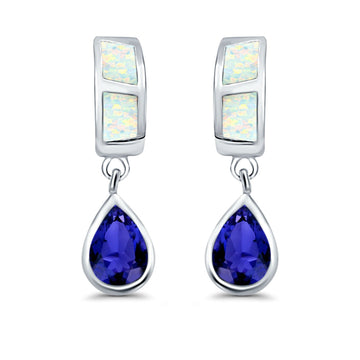 Pear Stud Earrings Lab Created White Opal Simulated Blue Sapphire CZ 925 Sterling Silver (23mm)